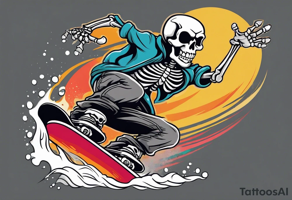 Black and grey skeleton riding a colorful snowboard doing a tail grab with a shot of whiskey in its hand tattoo idea