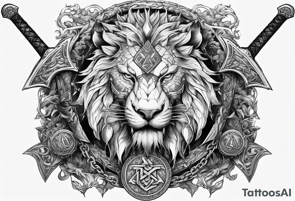 Valhalla sword shield  axe lion dragon 
Valknut  chains tattoo idea