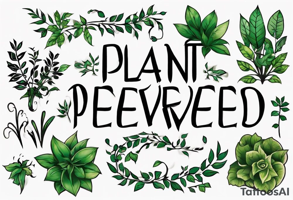 Words “Plant Powered” spelled out with plants and vines through out the words tattoo idea