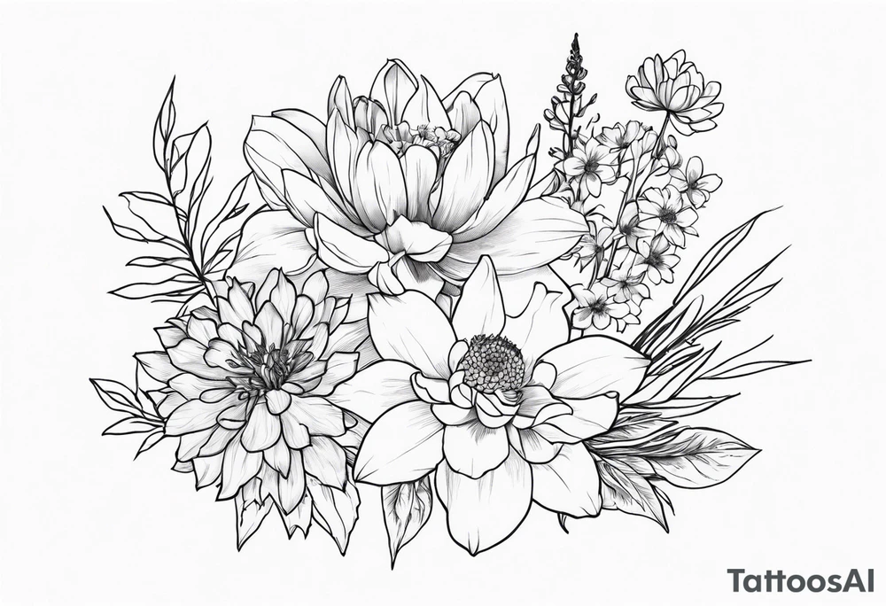 Bouquet with larkspur, water lily, carnation, chrysanthemum tattoo idea