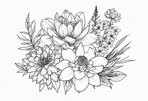 Bouquet with larkspur, water lily, carnation, chrysanthemum tattoo idea