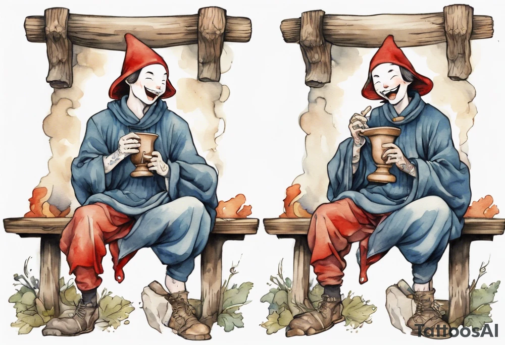 a mushroom wearing a medieval tunic sitting on a bench by a fireplace drinking from a wood cup, laughing tattoo idea