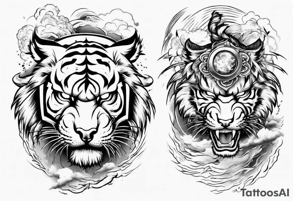tiger warrior with lightning and the sun for a forearm sleeve tattoo idea