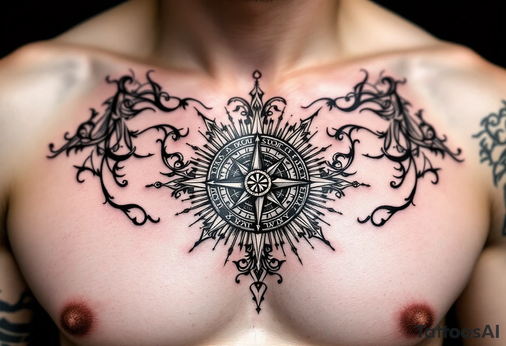 Chest tattoo with Roman stoic theme with sun dial compass tattoo idea