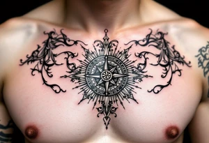 Chest tattoo with Roman stoic theme with sun dial compass tattoo idea