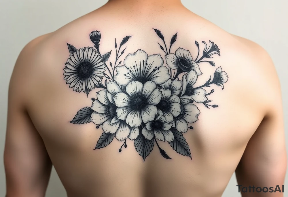 Half sleeve of Dark feminine gothic florals with daisies, poppies,  white narcissus, sweet peas and gladiolus tattoo idea