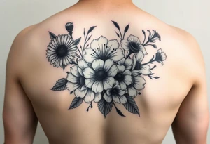 Half sleeve of Dark feminine gothic florals with daisies, poppies,  white narcissus, sweet peas and gladiolus tattoo idea