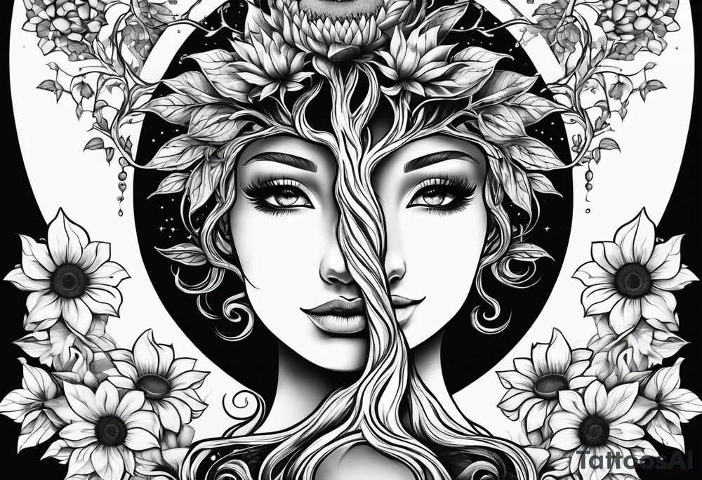 Feminine Yggdrasil tree with two sunflowers tattoo idea