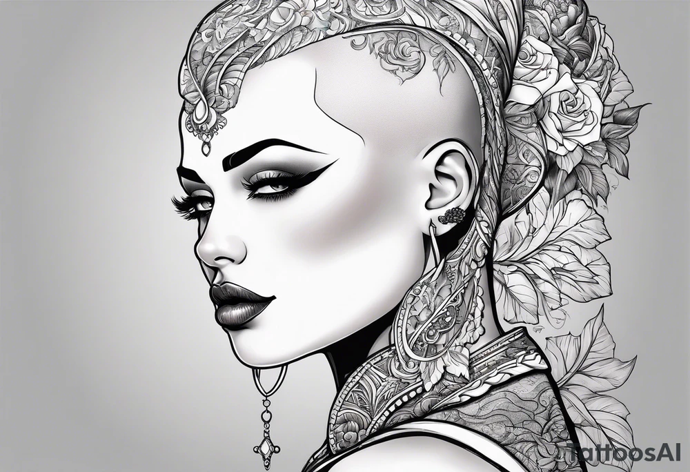 Bald woman tattoo idea