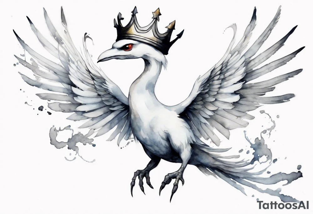 a white bird-serpent hybrid, wearing a pewter crown on its head, flying in the air tattoo idea