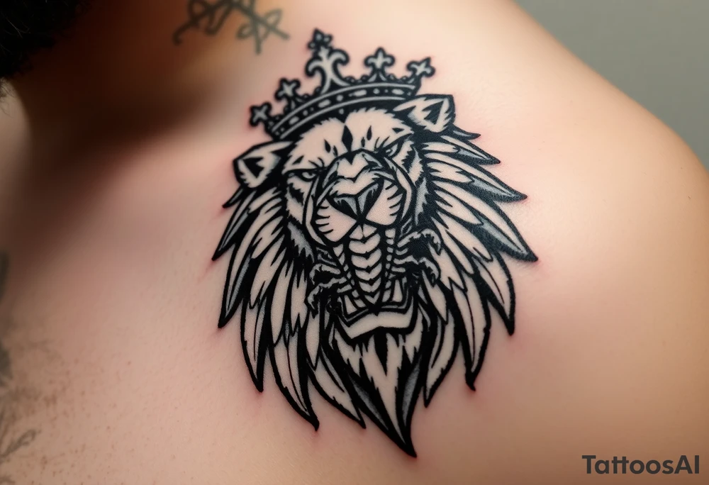 a powerful and majestic lion with a crown and in the middle of this crown , a realistic scorpion, tattoo idea