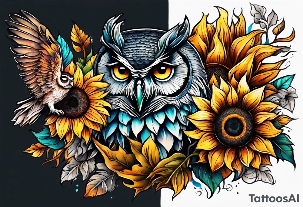 Leg sleeve with colorful sunflowers and an owl tattoo idea