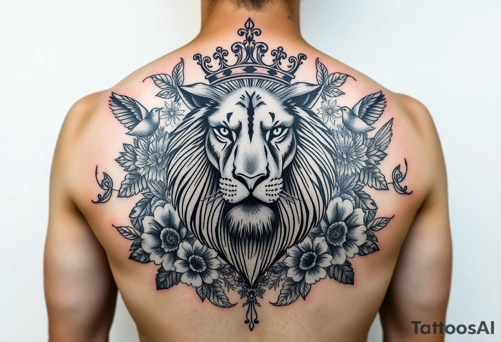 powerful majestic lion with a crown, surrounded by floral ornaments and birds tattoo idea