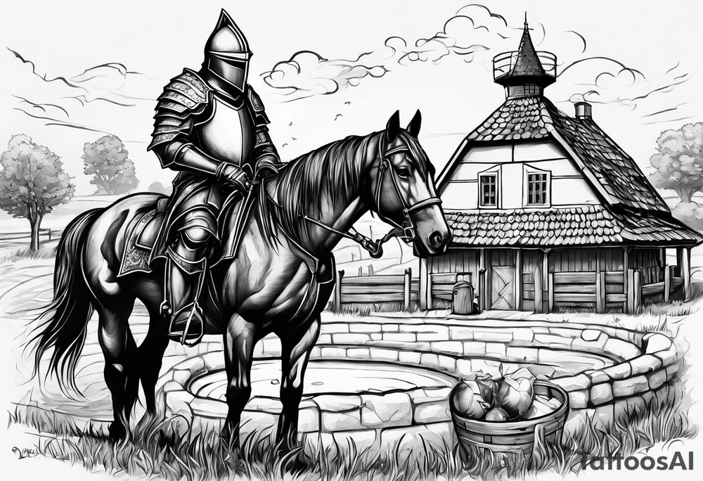 a knight kneeling with an old farm in the background and horses in the netherlands and a swimmingpool and an airfryer tattoo idea
