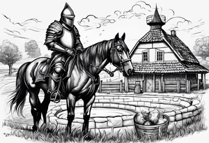 a knight kneeling with an old farm in the background and horses in the netherlands and a swimmingpool and an airfryer tattoo idea