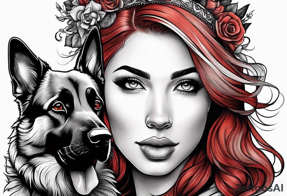 red hair woman with German shepherd dog tattoo idea