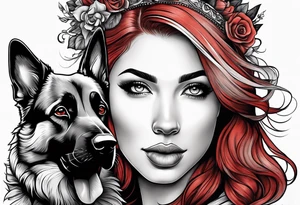 red hair woman with German shepherd dog tattoo idea