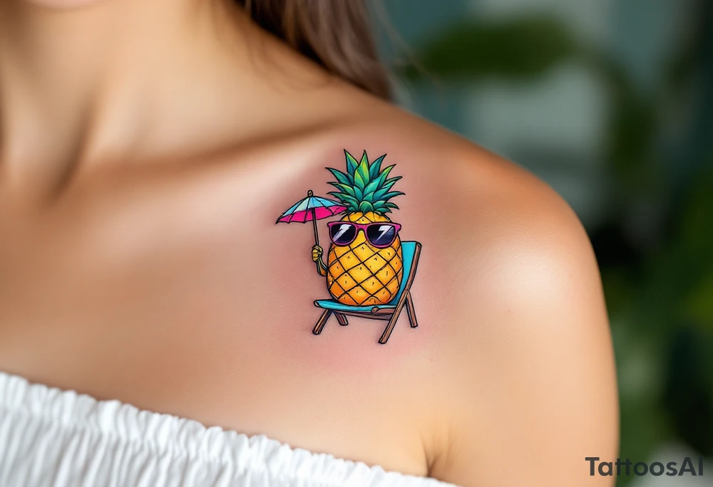 Piña Colada Pineapple – A pineapple head with sunglasses, holding a tiny umbrella, sitting in a lounge chair. Sunny yellow, turquoise, and hot pink shades. tattoo idea