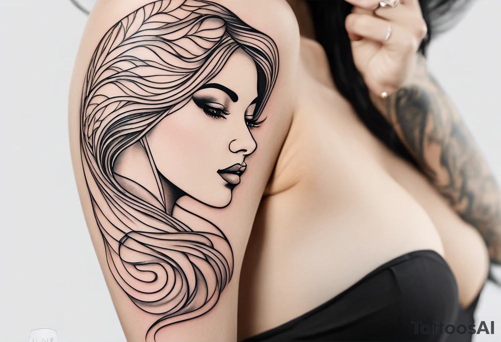 a line tattoo style design of a beautiful woman. The design features elegant lines that capture the essence of the woman’s features and form. It’s set against a white background, emphasizing the clean and minimalistic approach of the line art. The design focuses on the contours and shapes, creating a striking visual piece. tattoo idea
