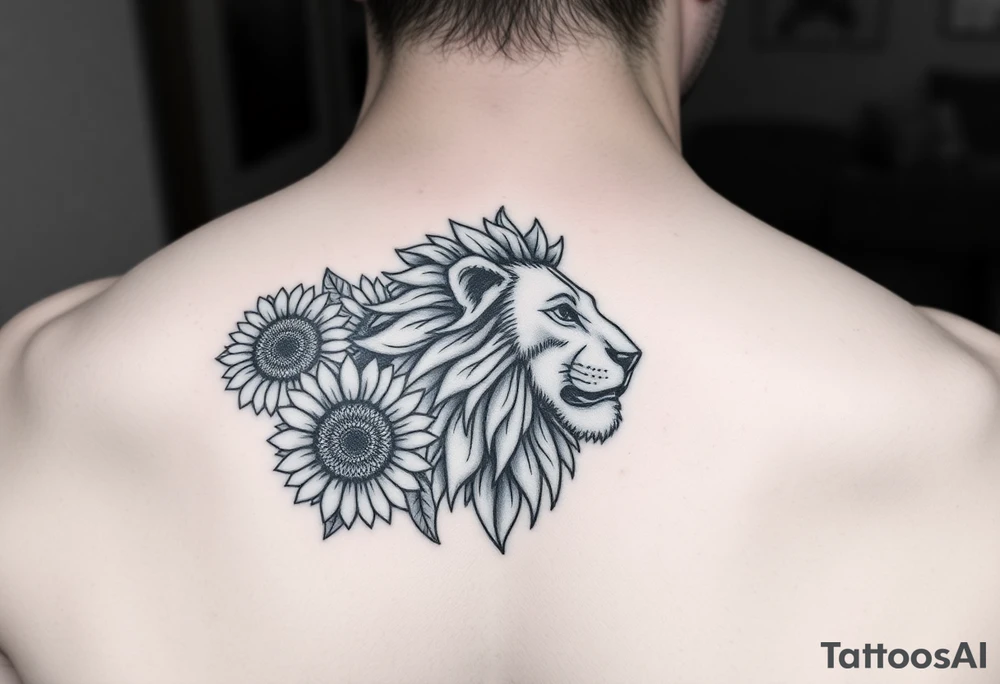 sunflower or multiple sunflowers and lion head profile tattoo idea