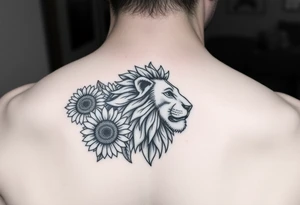 sunflower or multiple sunflowers and lion head profile tattoo idea