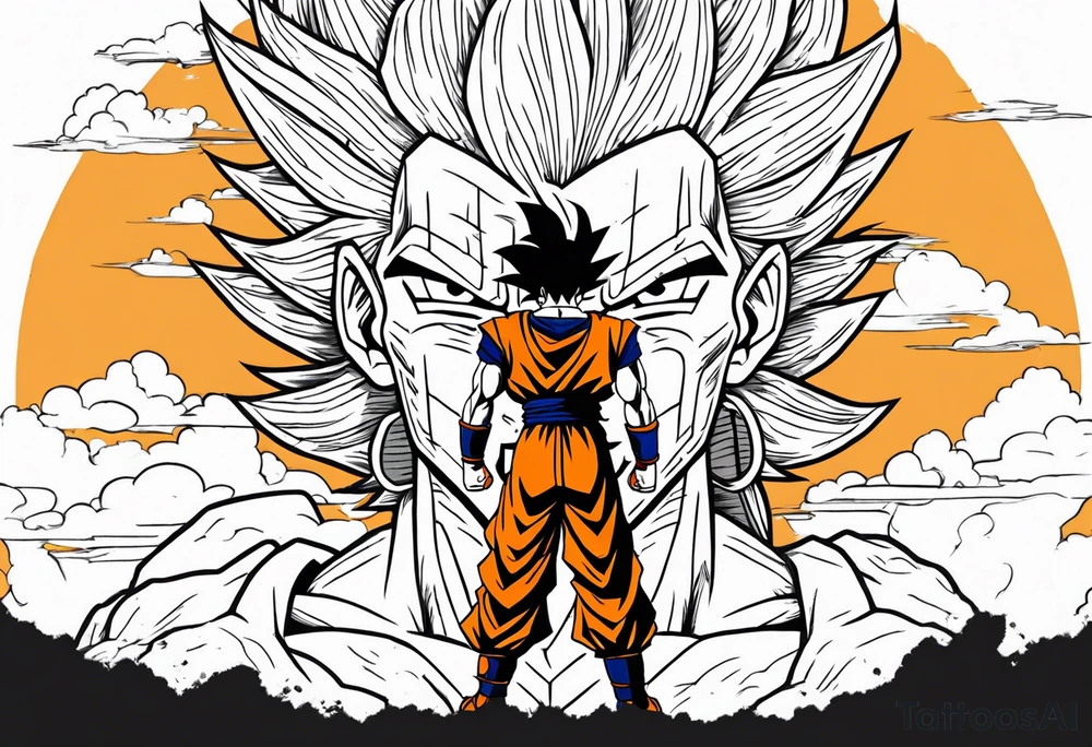 Son-Goku as a super saiyajin . A huge dragonball surrounds the whole scenery. Gokus friends are surrounding him as shadows tattoo idea
