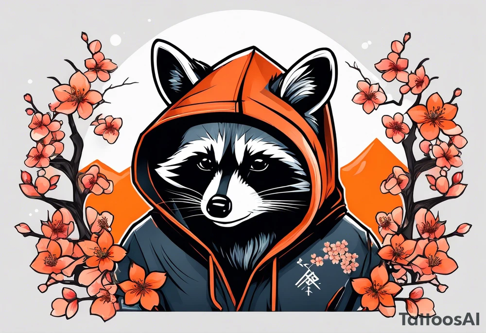 Raccoon wearing a white Superman logo on a black hoodie and orange Japanese cherry blossoms beside tattoo idea