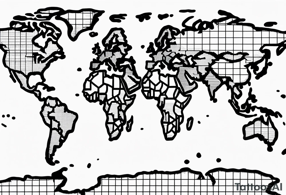 flat map of the earth with lines of a grid not shaded in with no bolding with the countries with accurate borders tattoo idea