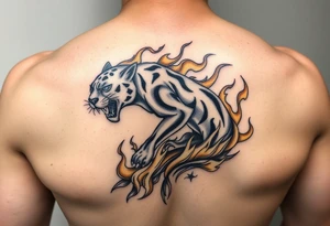 magnificent panther rising from golden flames with trailing embers tattoo idea