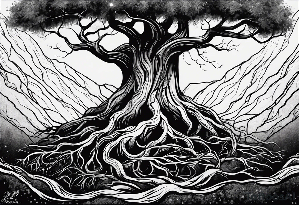 a tree with roots with the text of "Deep roots are not reached by the frost." around it tattoo idea