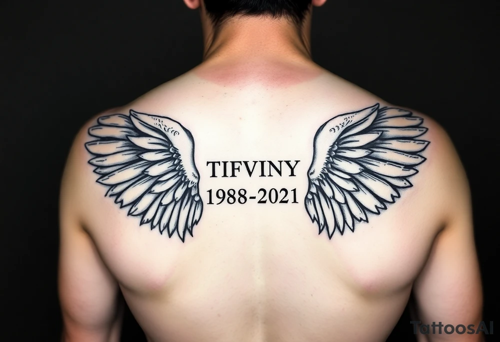 Simple Angle wings with Tiffany in the middle and 1978-2021 under it tattoo idea