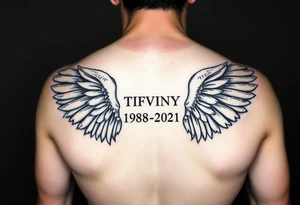 Simple Angle wings with Tiffany in the middle and 1978-2021 under it tattoo idea