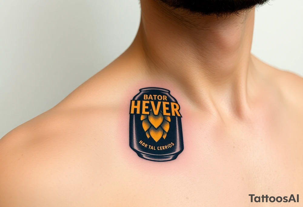 A minimalist black and gold beer can design, with vintage typography and a hop emblem, capturing a sleek and modern aesthetic tattoo idea