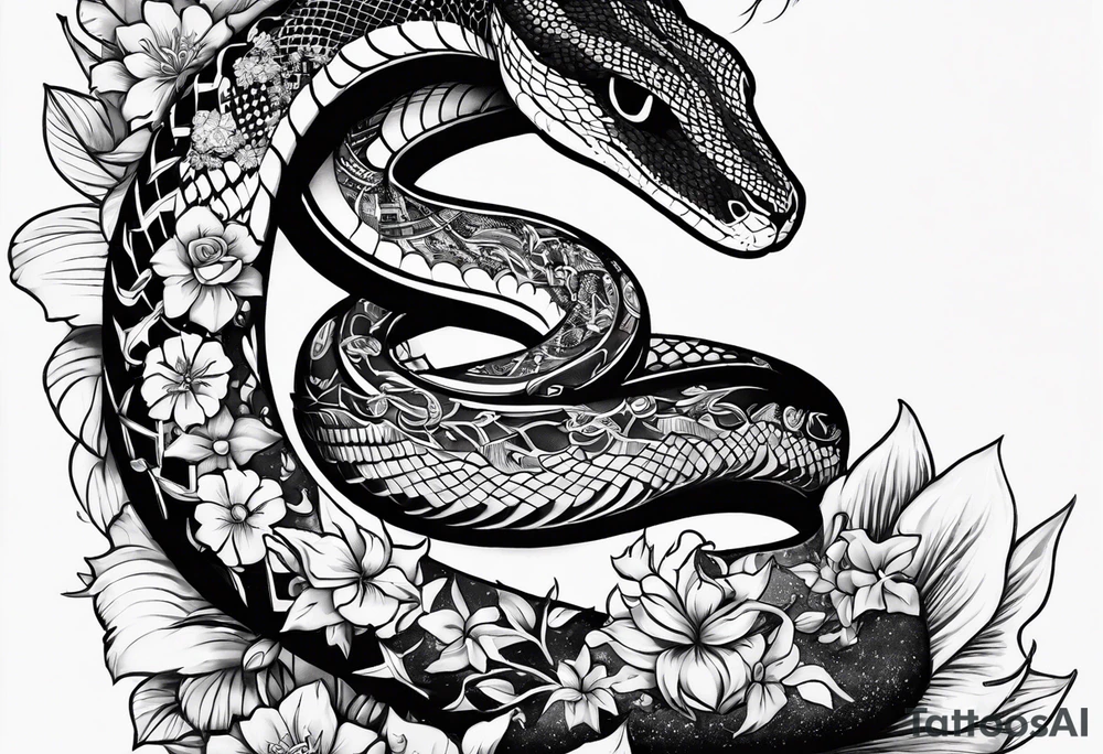 A long tattoo that includes a snake, books, stars and poisonous flowers tattoo idea