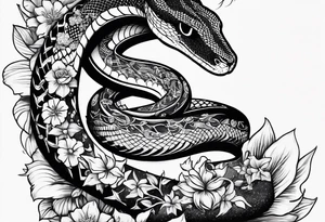 A long tattoo that includes a snake, books, stars and poisonous flowers tattoo idea