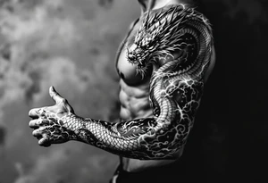 storm clouds and lightning mixed throughout, eastern dragon wrapping around the arm with head at the inside wrist, tattoo idea