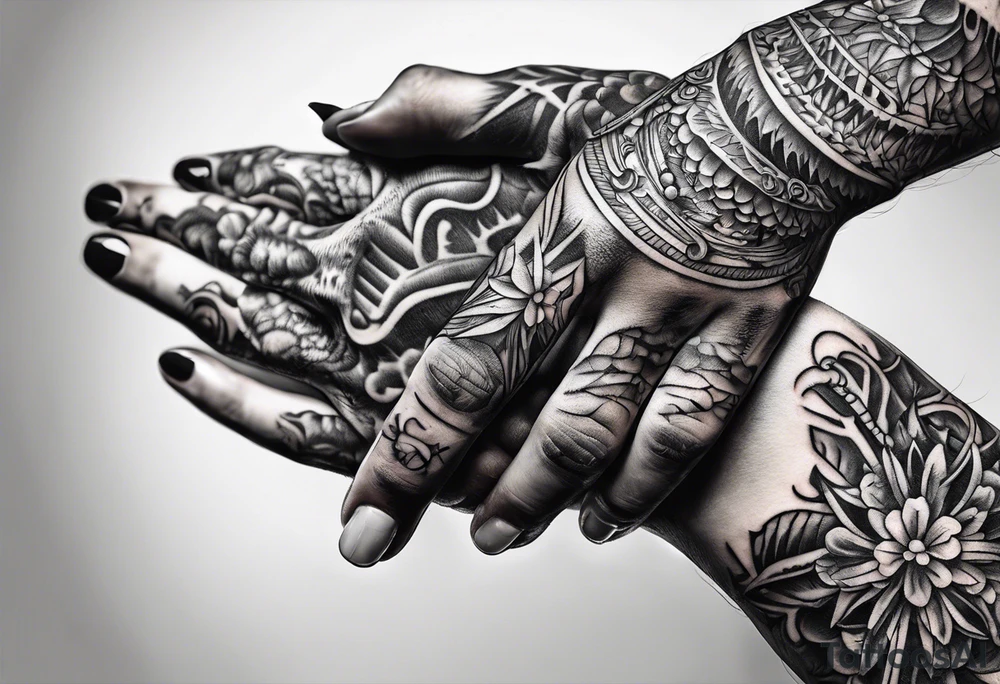 A human hand and a skeleton hand interlocking pointer fingers tattoo idea