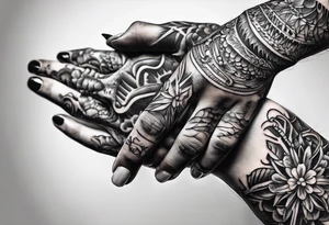 A human hand and a skeleton hand interlocking pointer fingers tattoo idea