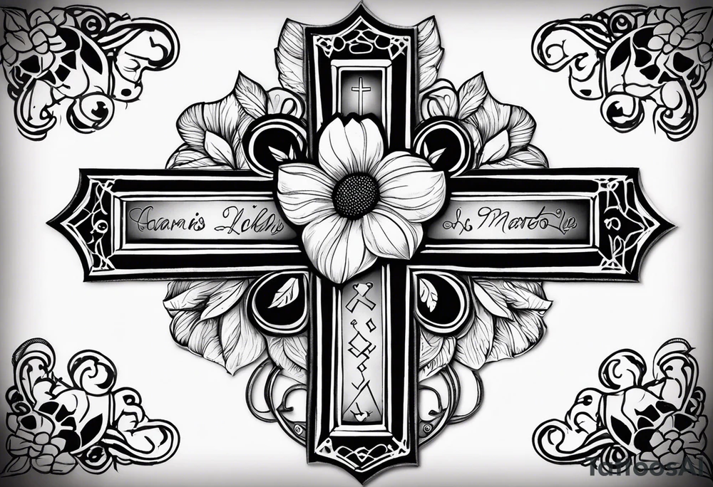 A cross with my family’s names on it names are Peter Lori Kyle and peter around Peter’s  name put a motercycle and a bear around loris name put a sunflower and a heart and around Kyle’s name put a baseball and electricity tattoo idea