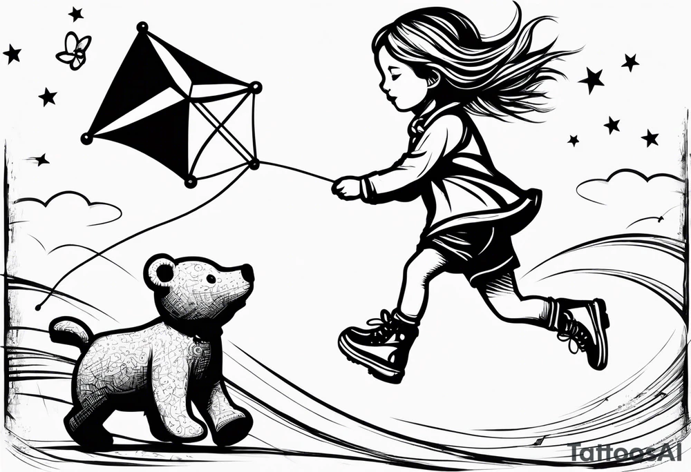 a little girl running with a kite and a teddy bear on roller skates following her with the words "Go Fly A Kite" tattoo idea