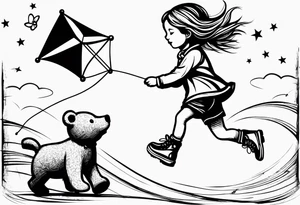 a little girl running with a kite and a teddy bear on roller skates following her with the words "Go Fly A Kite" tattoo idea