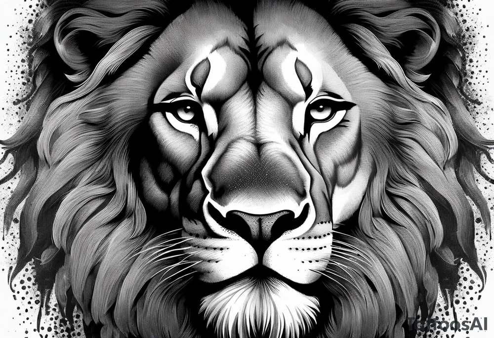 A roaring lion’s face with a flowing mane, emphasizing strength and courage, detailed fur textures tattoo idea