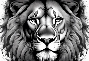 A roaring lion’s face with a flowing mane, emphasizing strength and courage, detailed fur textures tattoo idea