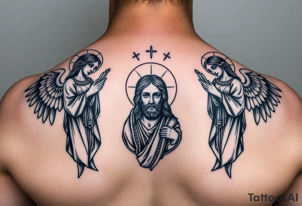 russian orthodox symmetrical guardian angel icon on left and right side of back with both angels holding up a jesus potrait tattoo idea