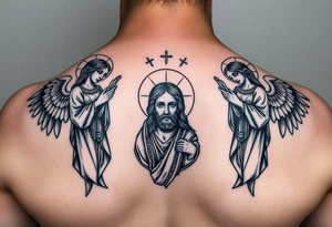 russian orthodox symmetrical guardian angel icon on left and right side of back with both angels holding up a jesus potrait tattoo idea