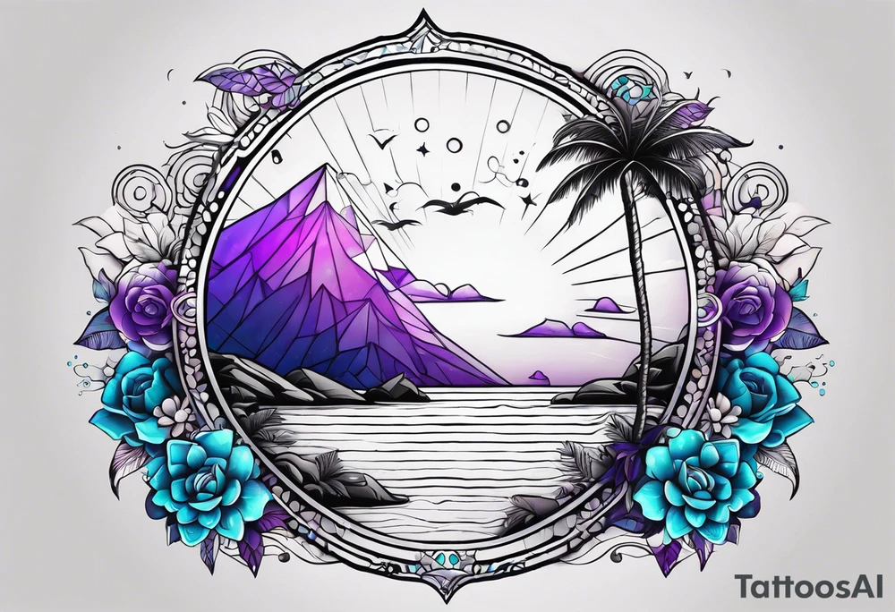 Ampulheta astrológica com detalhes geométricos e uma areia colorida em tons degradê de azul, turquesa e violeta tattoo idea