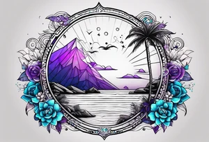 Ampulheta astrológica com detalhes geométricos e uma areia colorida em tons degradê de azul, turquesa e violeta tattoo idea