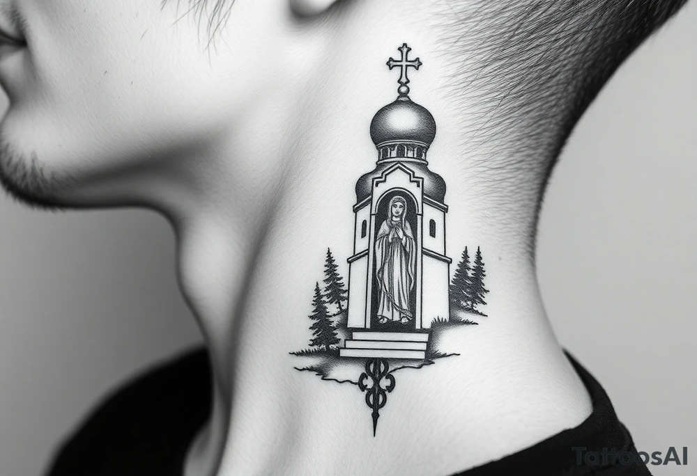 russian design traditional christian orthodox cross with a virgin mary stood beside the entrance of a russian orthodox dome church on the side of the neck in a wilderness setting with the design spread out the side of the neck tattoo idea