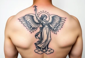 Male guardian angel lifting up female coast guard officer for protection religious statue tattoo idea
