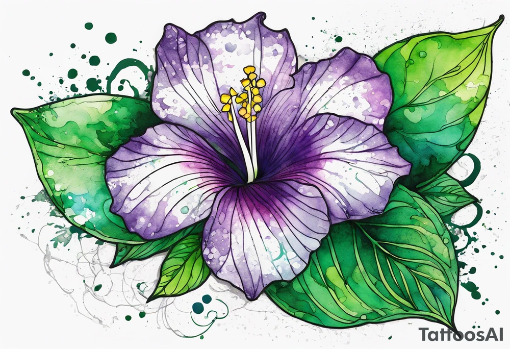 A mystical outline of a rio dipladenia flower and a green/purple watercolor splatter in the background tattoo idea